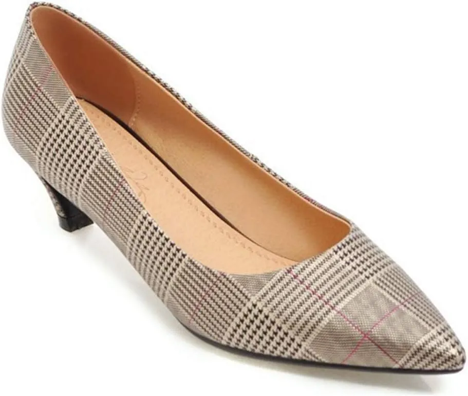 MIOKE Women's Fashion Plaid Comfort Low Kitten Heels Pumps Pointed Toe Slip On Office Party Dress Shoes