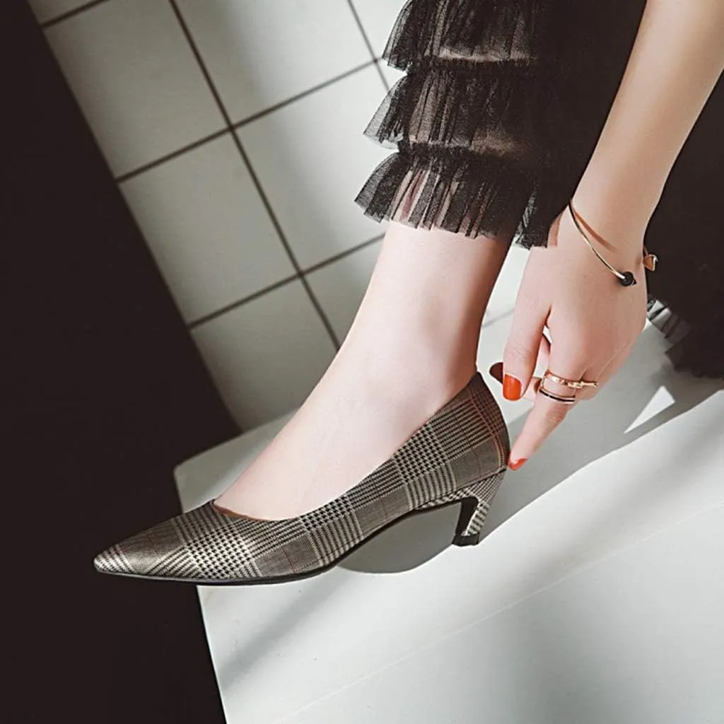MIOKE Women's Fashion Plaid Comfort Low Kitten Heels Pumps Pointed Toe Slip On Office Party Dress Shoes