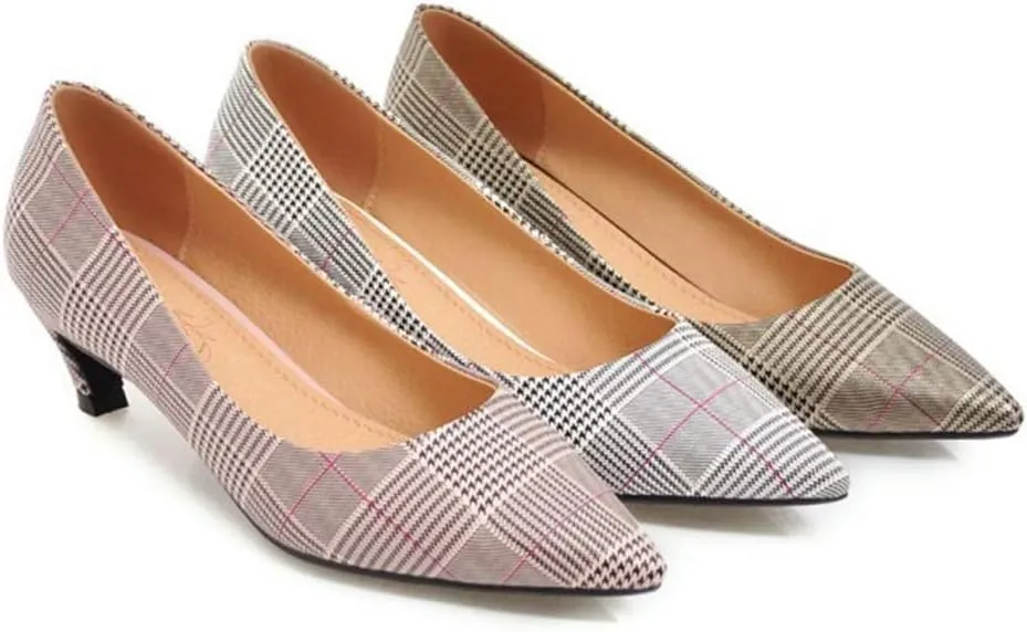 MIOKE Women's Fashion Plaid Comfort Low Kitten Heels Pumps Pointed Toe Slip On Office Party Dress Shoes