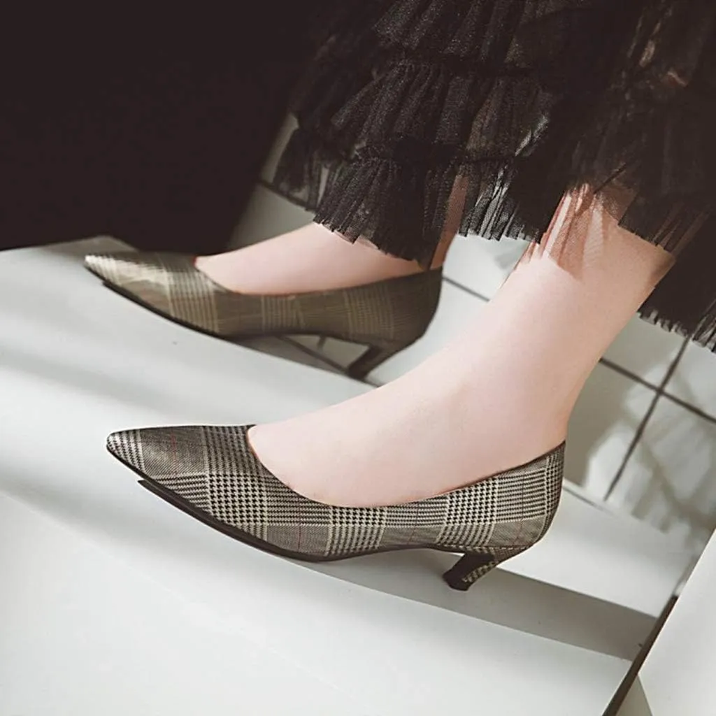 MIOKE Women's Fashion Plaid Comfort Low Kitten Heels Pumps Pointed Toe Slip On Office Party Dress Shoes
