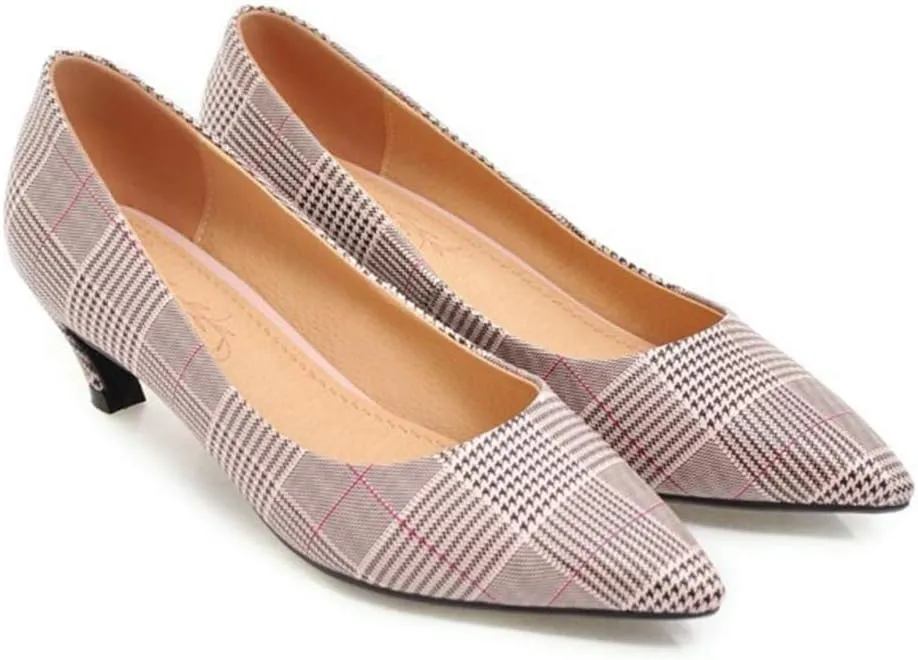 MIOKE Women's Fashion Plaid Comfort Low Kitten Heels Pumps Pointed Toe Slip On Office Party Dress Shoes