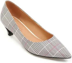 MIOKE Women's Fashion Plaid Comfort Low Kitten Heels Pumps Pointed Toe Slip On Office Party Dress Shoes