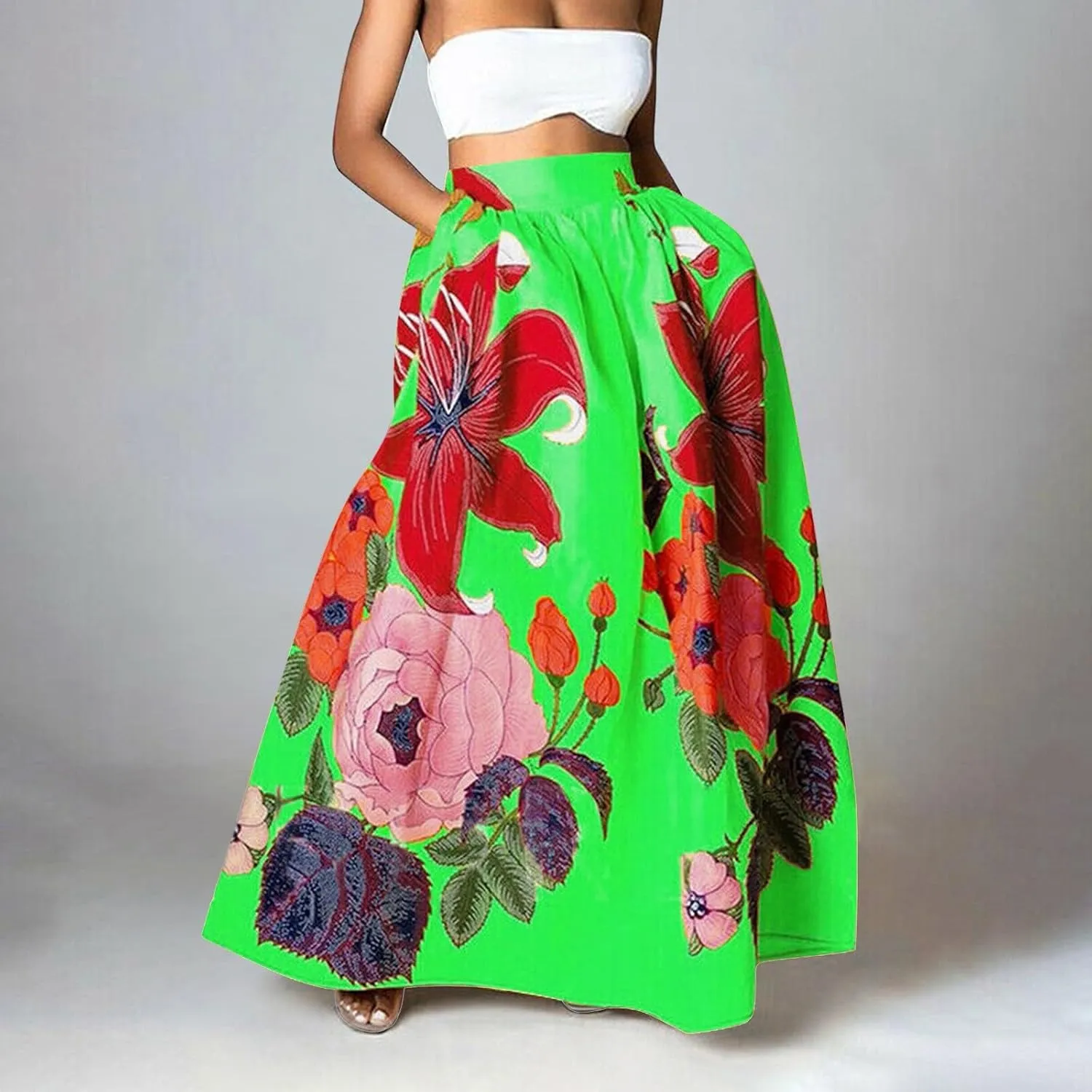 Miyaomn Women's Boho Floral Printed Maxi Skirt Summer Beach High Waisted Mopping Floor Length A Line Long Skirts with Pockets
