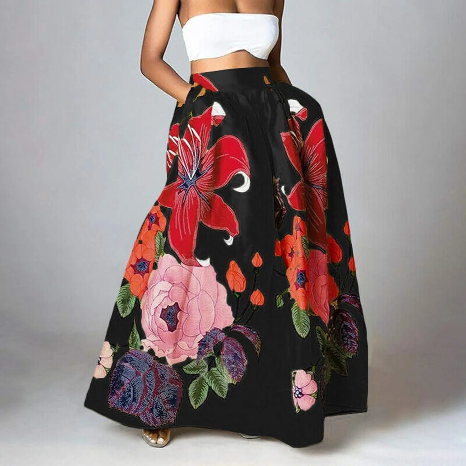Miyaomn Women's Boho Floral Printed Maxi Skirt Summer Beach High Waisted Mopping Floor Length A Line Long Skirts with Pockets