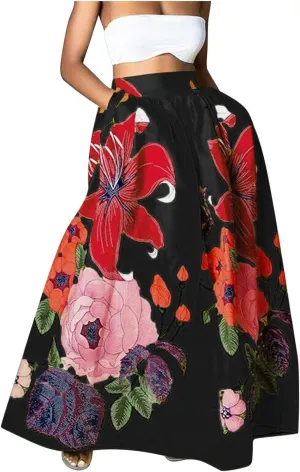 Miyaomn Women's Boho Floral Printed Maxi Skirt Summer Beach High Waisted Mopping Floor Length A Line Long Skirts with Pockets