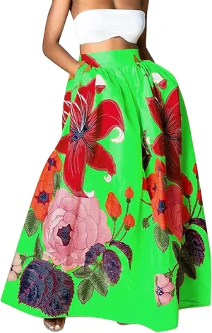 Miyaomn Women's Boho Floral Printed Maxi Skirt Summer Beach High Waisted Mopping Floor Length A Line Long Skirts with Pockets