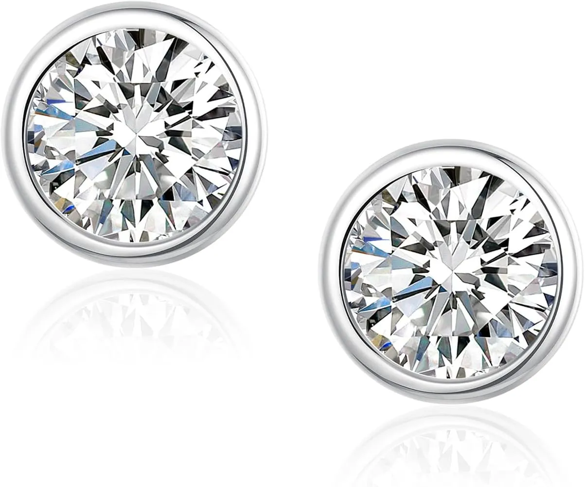 Moissanite Earrings for Women - 0.3/0.5/1ct Bezel Diamond Earrings,Silver Bezel Set Round Stud Earrings