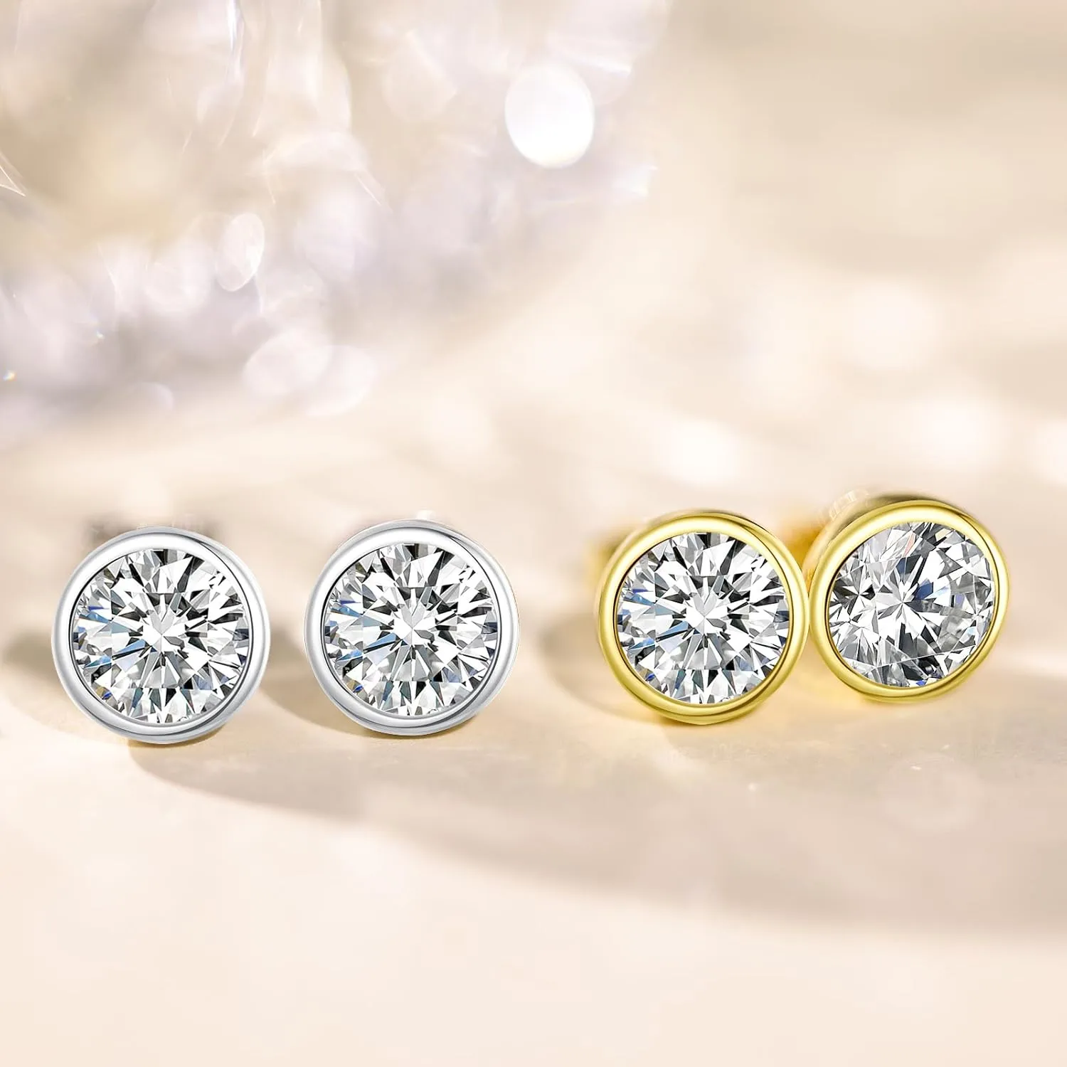 Moissanite Earrings for Women - 0.3/0.5/1ct Bezel Diamond Earrings,Silver Bezel Set Round Stud Earrings