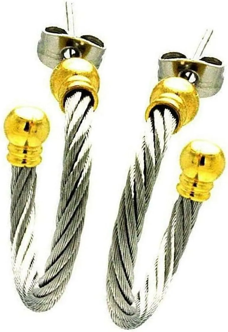 New Stainless Steel Yellow Gold Plated Two Tone Cable Stud Earrings Elegant Cute Unique Stunning Style Pretty jewerly perfect for any occasion SURR-R01302