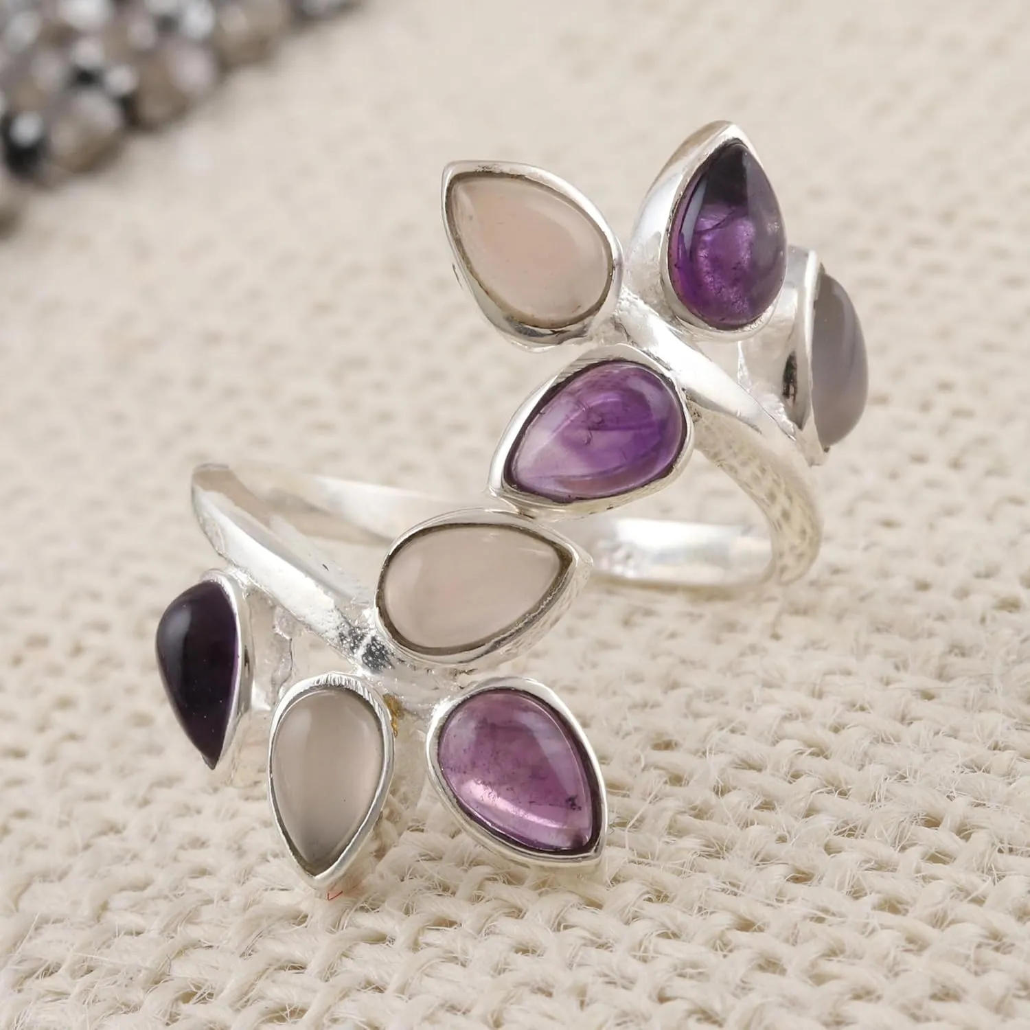 NOVICA Artisan Handmade Amethyst Rose Quartz Cocktail Ring Gemstone .925 Sterling Silver India Birthstone 'Leafy Glory'