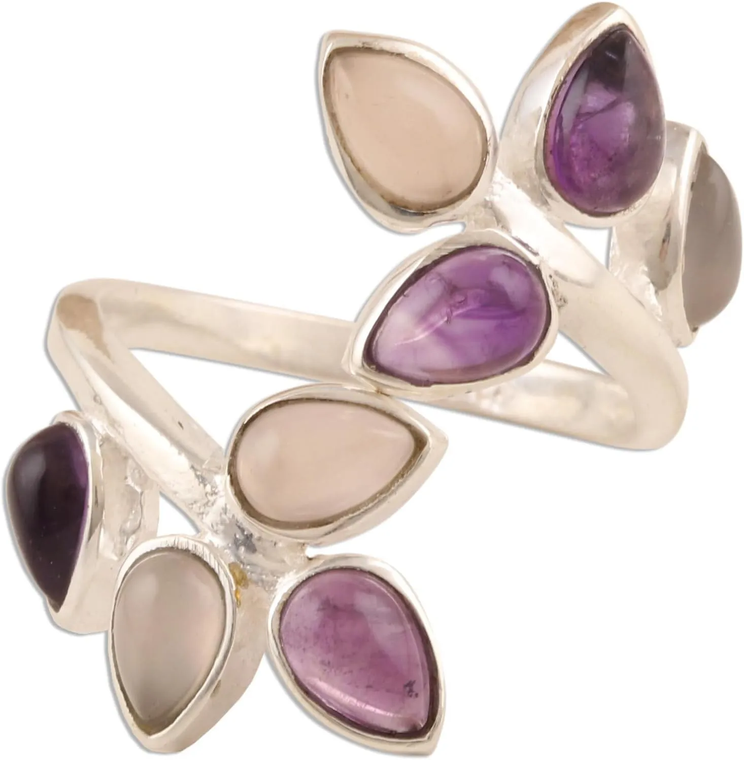 NOVICA Artisan Handmade Amethyst Rose Quartz Cocktail Ring Gemstone .925 Sterling Silver India Birthstone 'Leafy Glory'