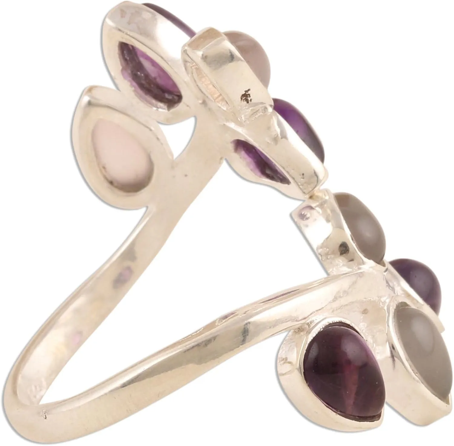 NOVICA Artisan Handmade Amethyst Rose Quartz Cocktail Ring Gemstone .925 Sterling Silver India Birthstone 'Leafy Glory'