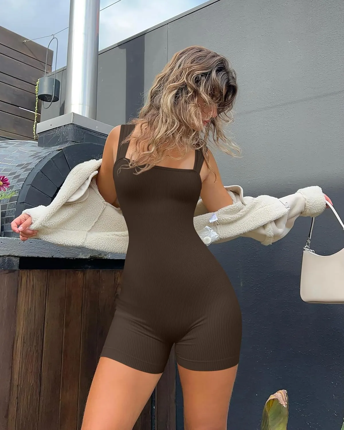 OQQ Women 2 Piece Rompers Yoga Stretch Strappy Square Neck Sleeveless Exercise Rompers
