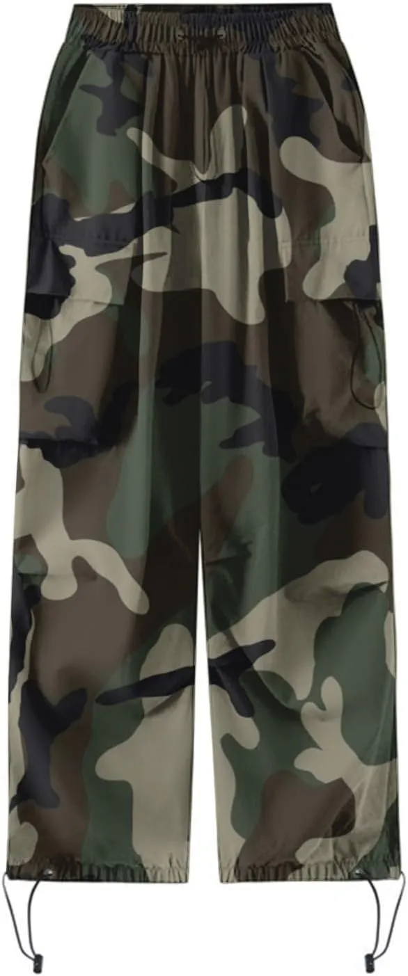 Parachute Cargo Pants Women Camo Print Drawstring Casual Cargo Pants High Waist Straight Wide Leg Trendy Trousers with Pocket