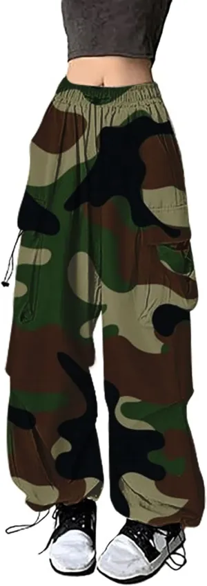 Parachute Cargo Pants Women Camo Print Drawstring Casual Cargo Pants High Waist Straight Wide Leg Trendy Trousers with Pocket