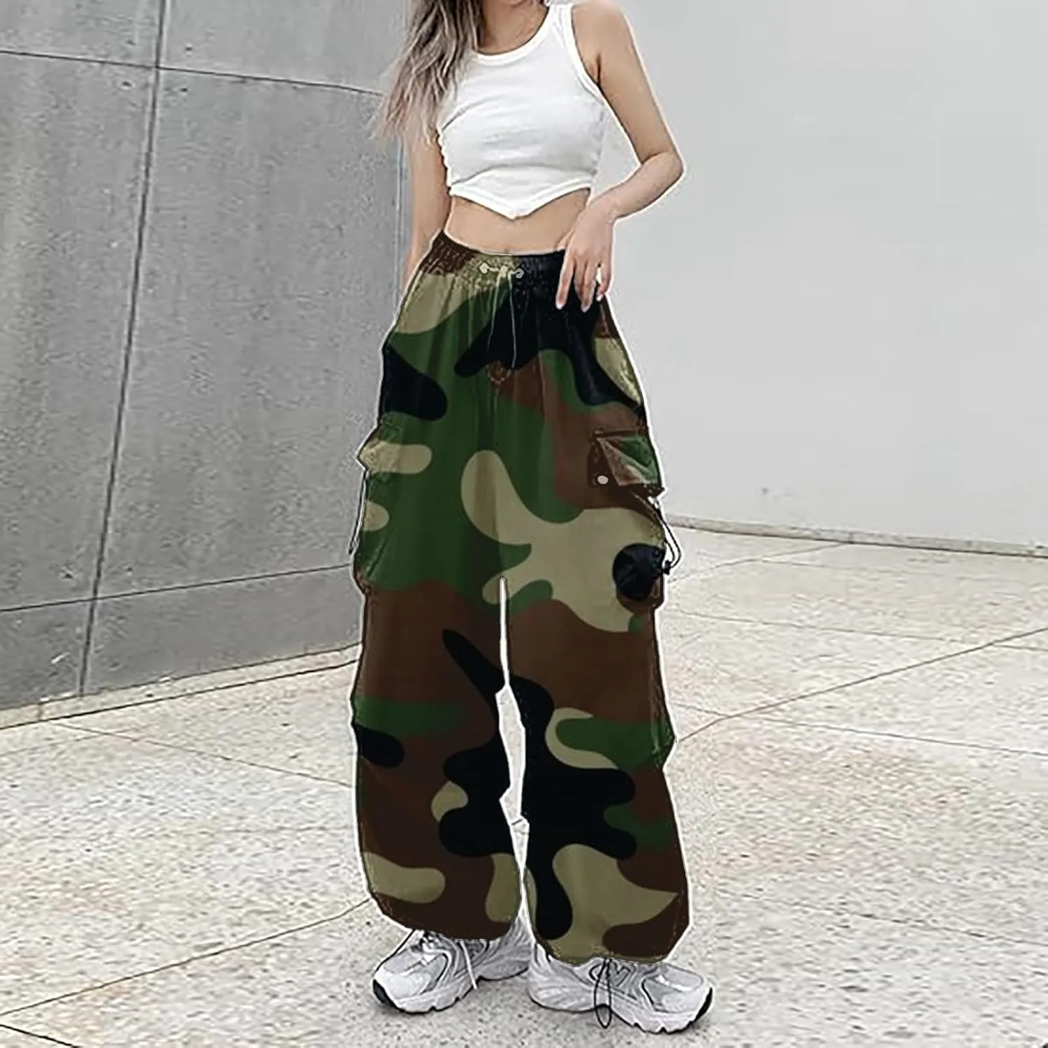 Parachute Cargo Pants Women Camo Print Drawstring Casual Cargo Pants High Waist Straight Wide Leg Trendy Trousers with Pocket