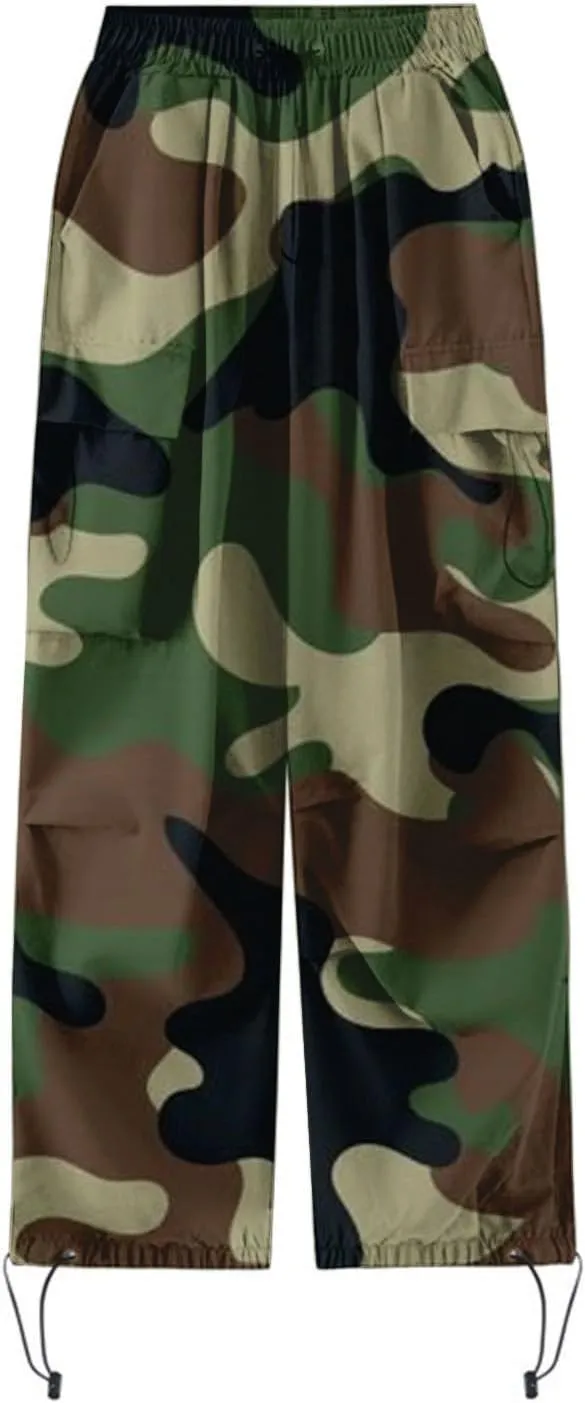 Parachute Cargo Pants Women Camo Print Drawstring Casual Cargo Pants High Waist Straight Wide Leg Trendy Trousers with Pocket