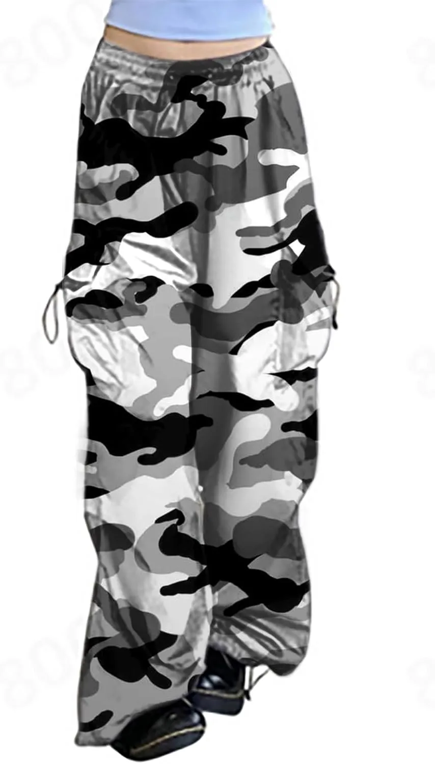 Parachute Cargo Pants Women Camo Print Drawstring Casual Cargo Pants High Waist Straight Wide Leg Trendy Trousers with Pocket