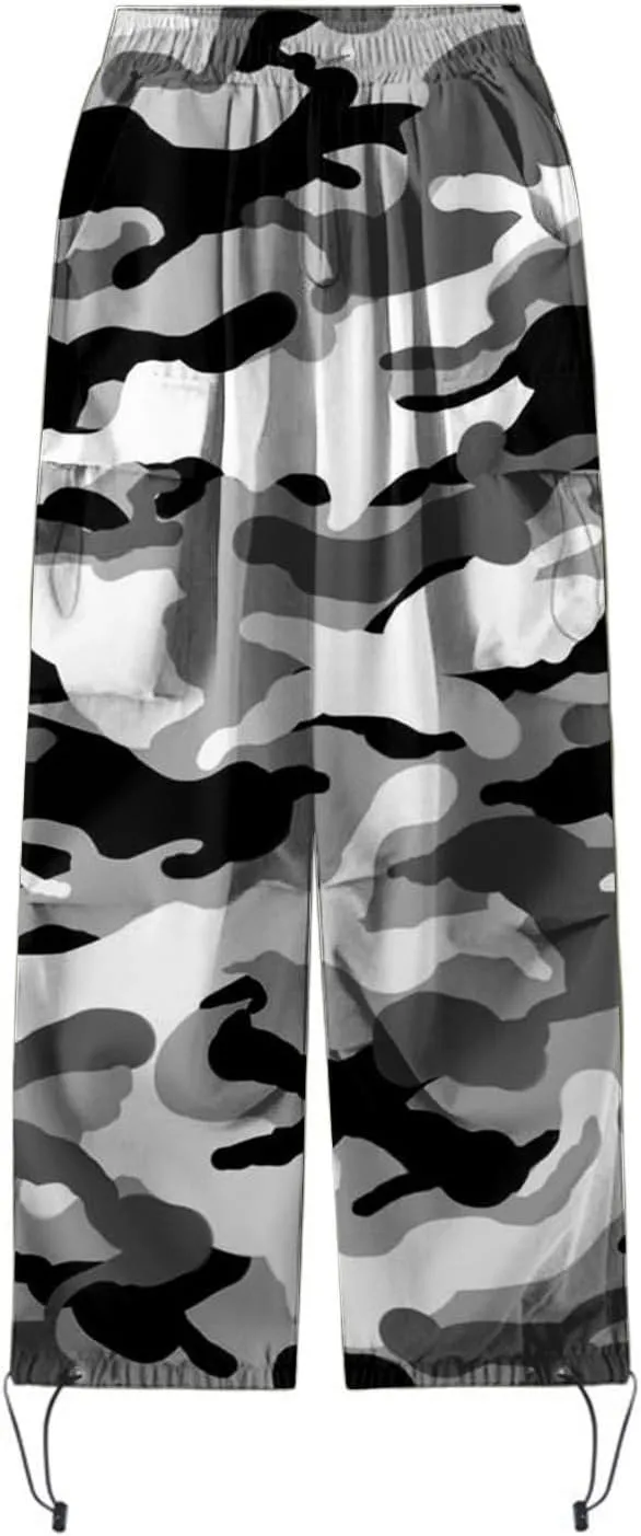 Parachute Cargo Pants Women Camo Print Drawstring Casual Cargo Pants High Waist Straight Wide Leg Trendy Trousers with Pocket