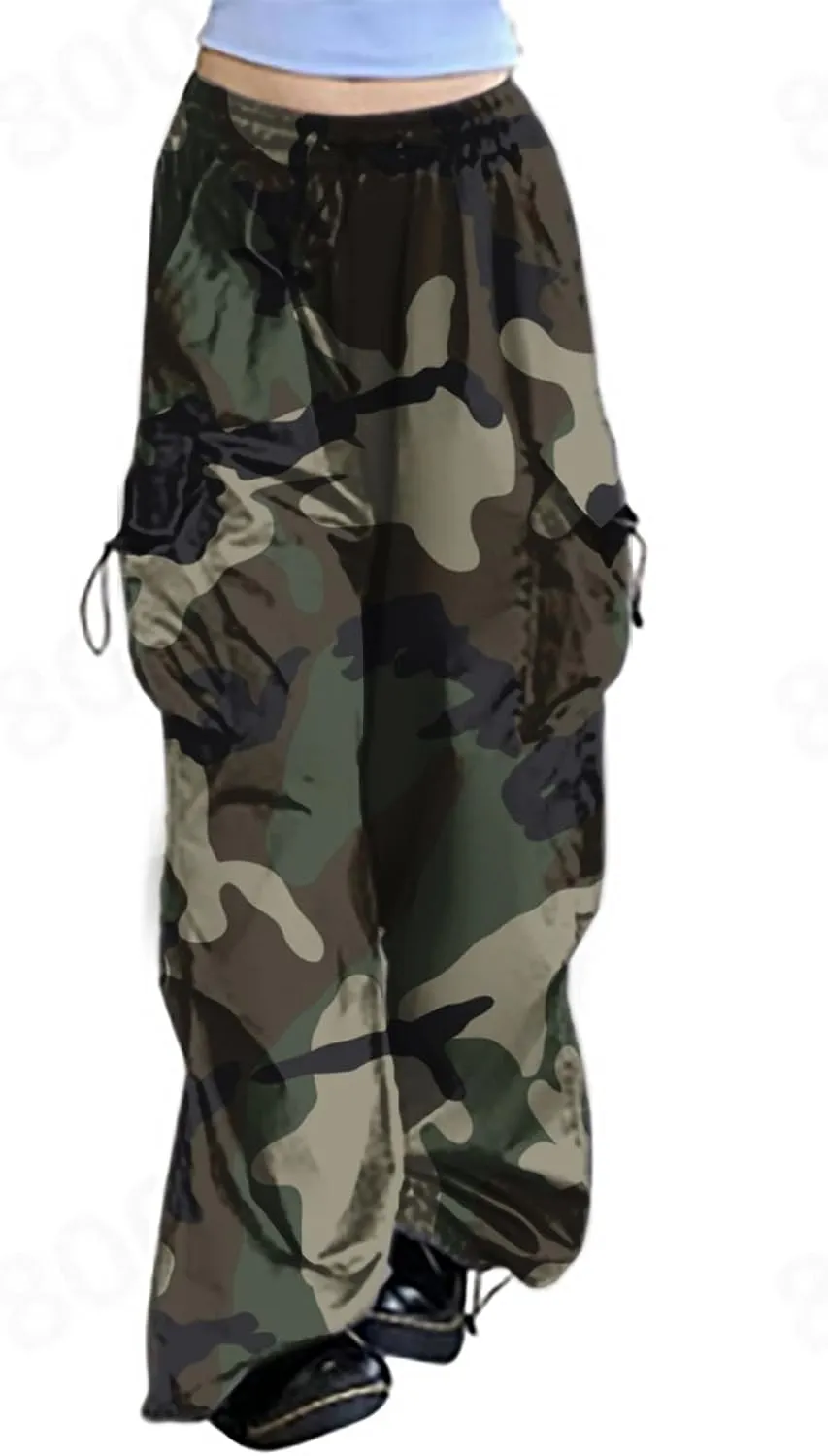 Parachute Cargo Pants Women Camo Print Drawstring Casual Cargo Pants High Waist Straight Wide Leg Trendy Trousers with Pocket