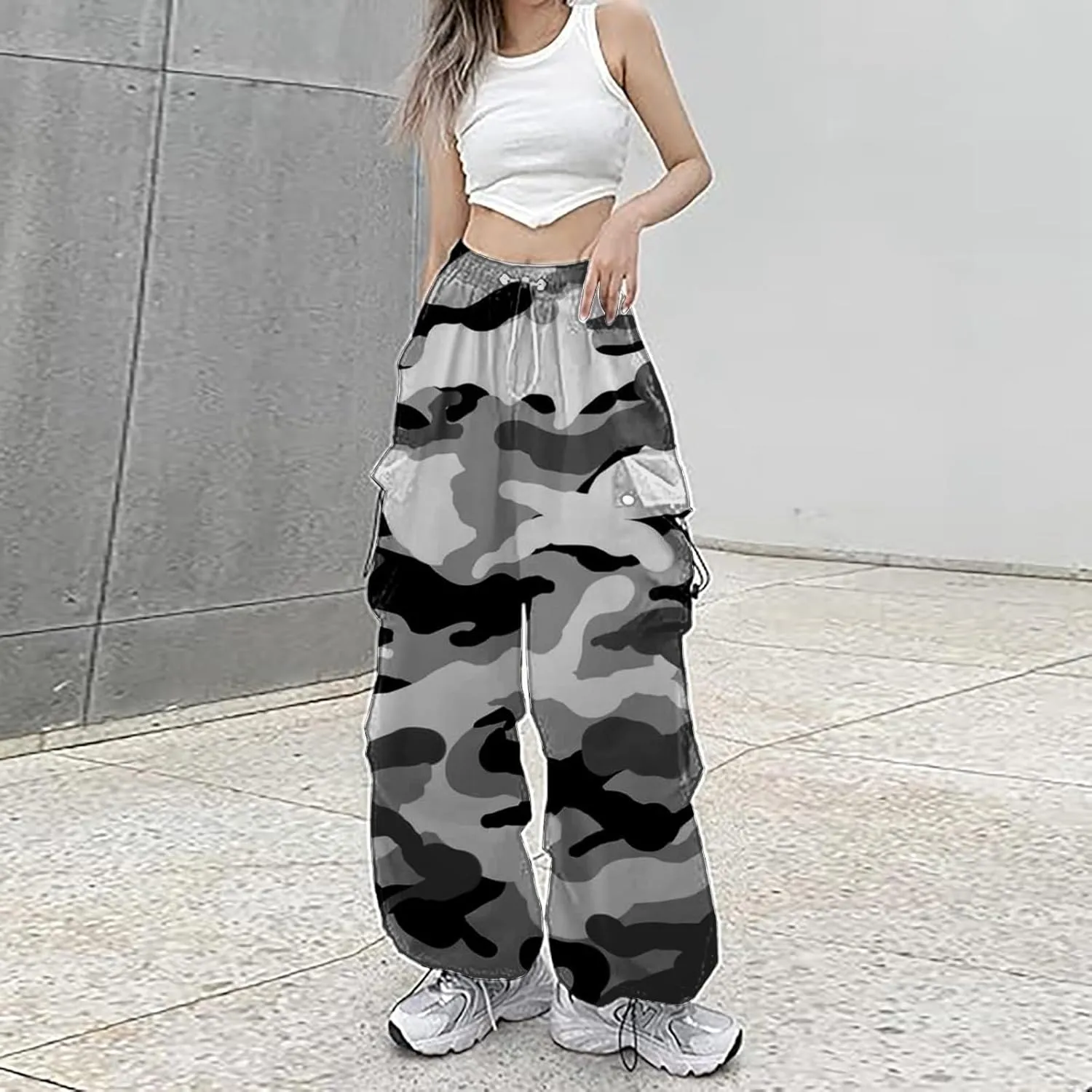 Parachute Cargo Pants Women Camo Print Drawstring Casual Cargo Pants High Waist Straight Wide Leg Trendy Trousers with Pocket