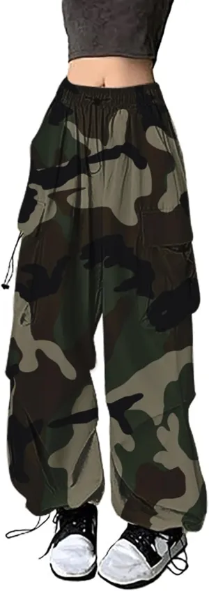 Parachute Cargo Pants Women Camo Print Drawstring Casual Cargo Pants High Waist Straight Wide Leg Trendy Trousers with Pocket