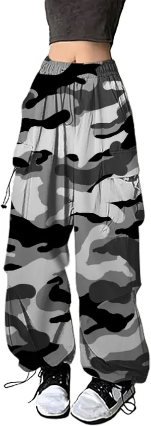 Parachute Cargo Pants Women Camo Print Drawstring Casual Cargo Pants High Waist Straight Wide Leg Trendy Trousers with Pocket