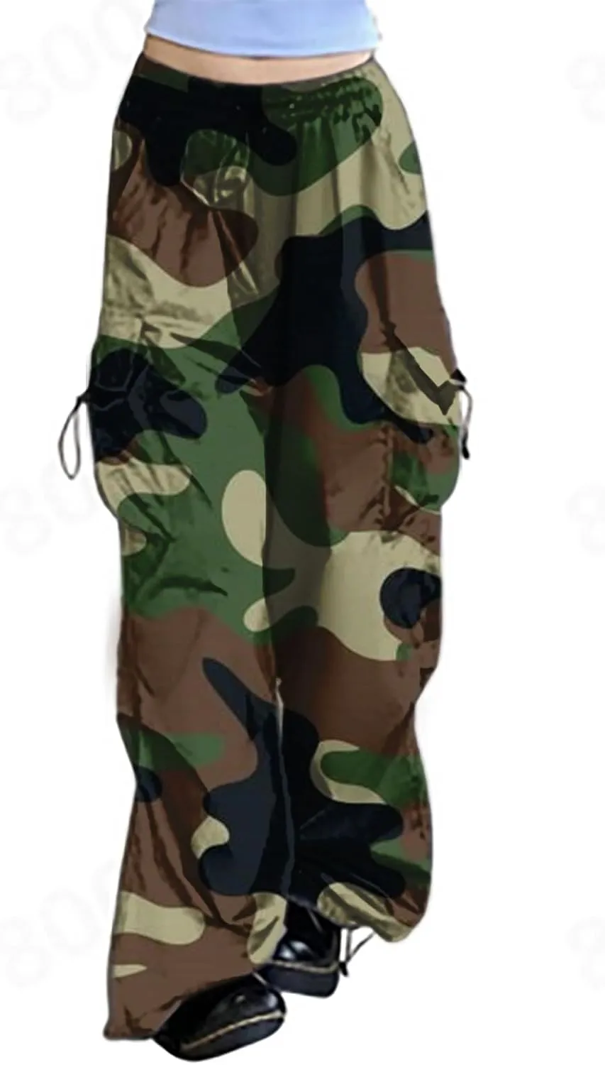 Parachute Cargo Pants Women Camo Print Drawstring Casual Cargo Pants High Waist Straight Wide Leg Trendy Trousers with Pocket