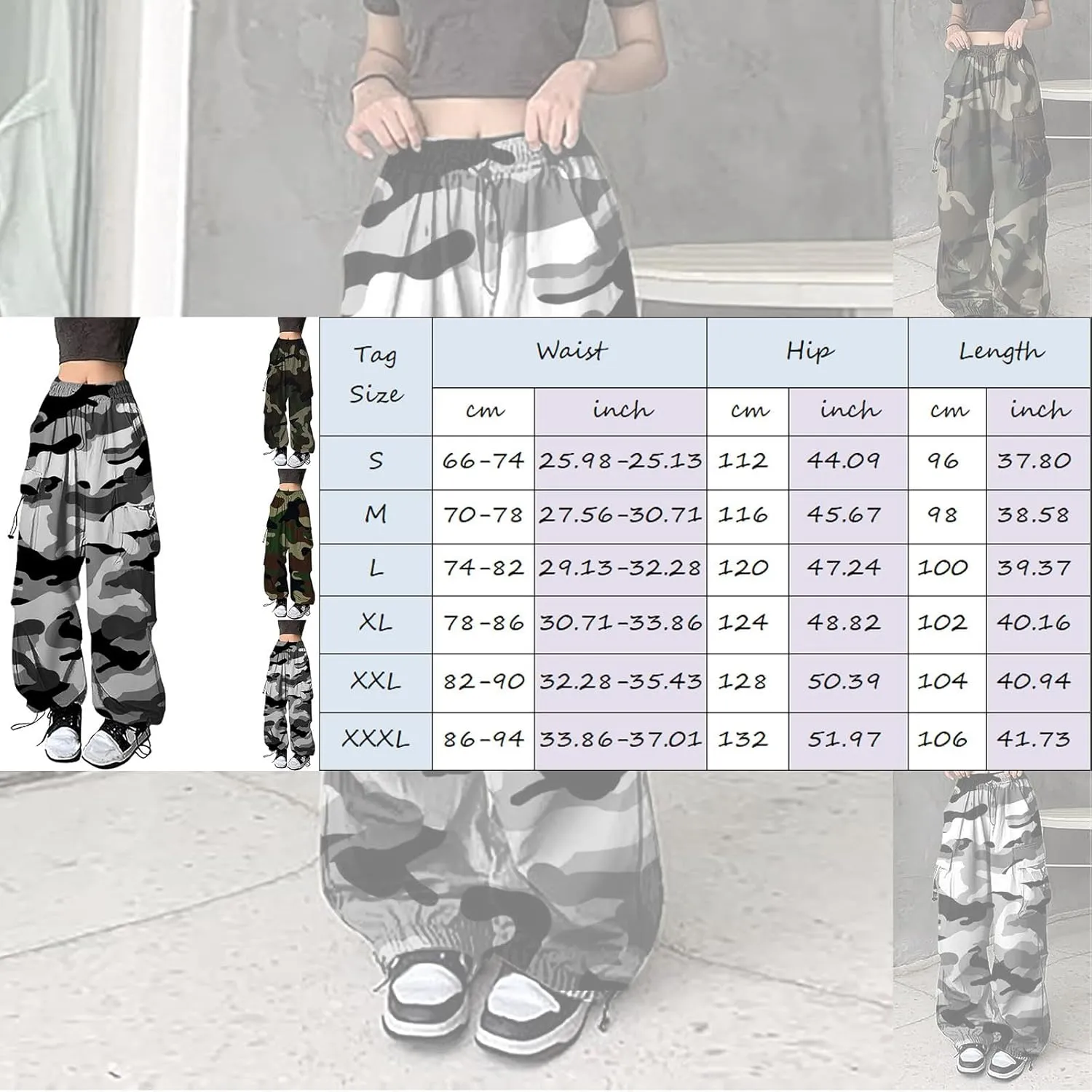 Parachute Cargo Pants Women Camo Print Drawstring Casual Cargo Pants High Waist Straight Wide Leg Trendy Trousers with Pocket