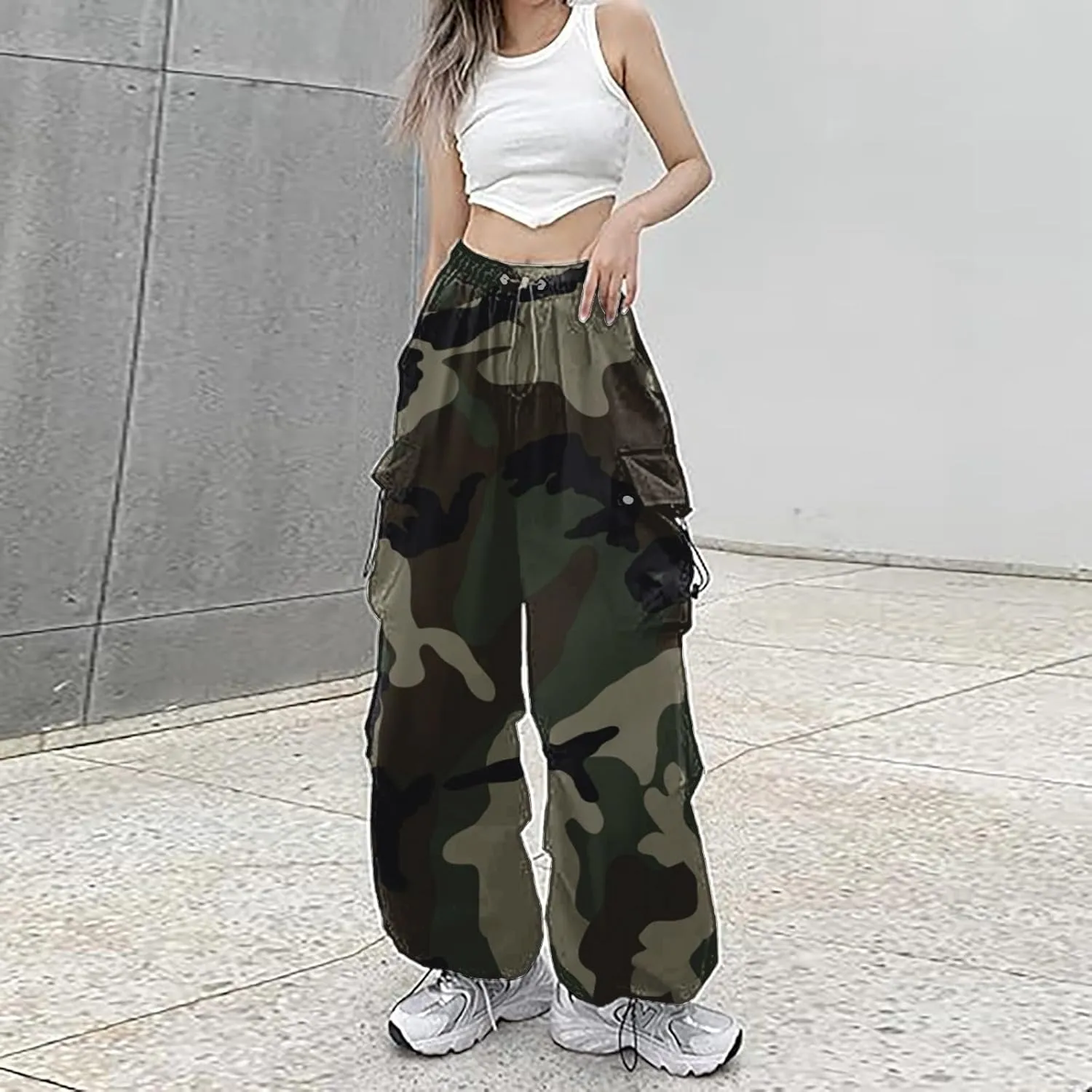 Parachute Cargo Pants Women Camo Print Drawstring Casual Cargo Pants High Waist Straight Wide Leg Trendy Trousers with Pocket