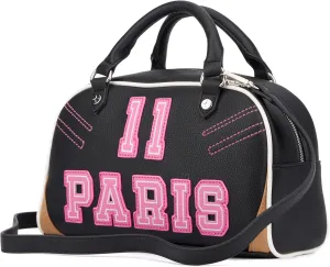 Paris Hilton Varsity Bowler Satchel Hand Bag Purse with Removable Strap Vegan Leather Black Pink Sporty