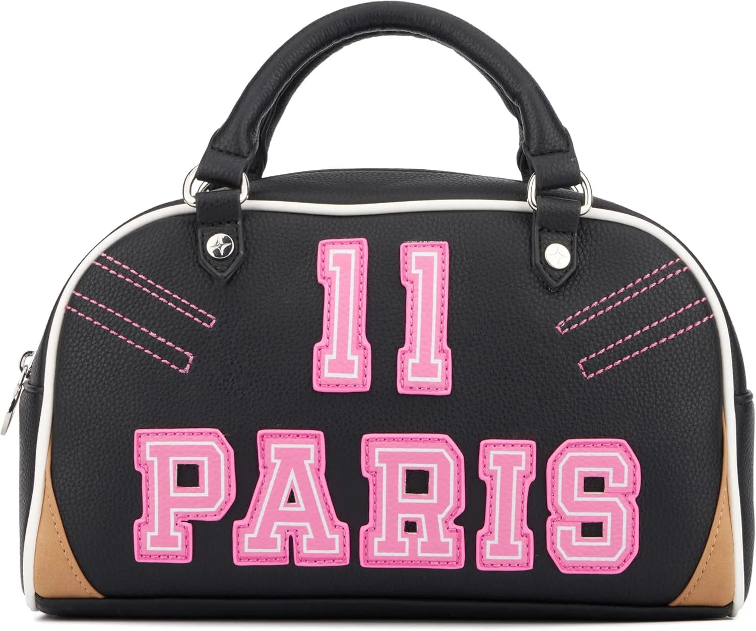 Paris Hilton Varsity Bowler Satchel Hand Bag Purse with Removable Strap Vegan Leather Black Pink Sporty