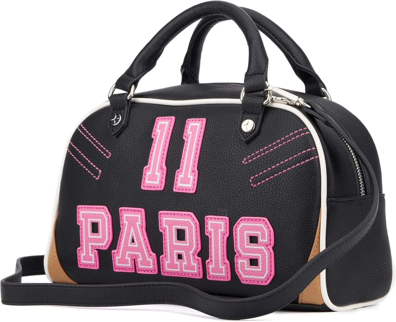 Paris Hilton Varsity Bowler Satchel Hand Bag Purse with Removable Strap Vegan Leather Black Pink Sporty