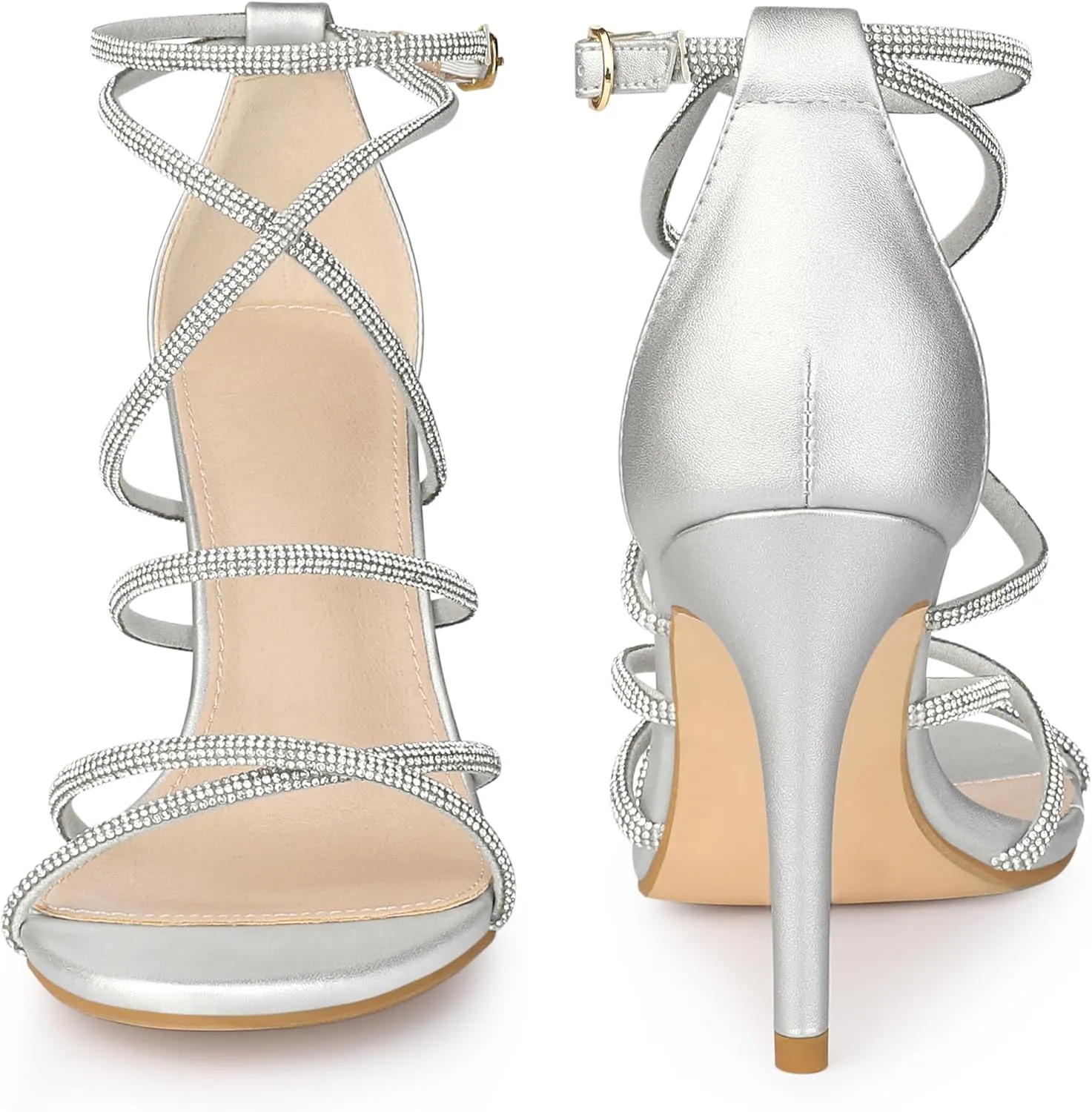 Perphy Open Toe Stiletto Heel Ankle Strap Strappy Rhinestone Heels Sandals for Women