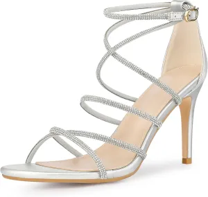 Perphy Open Toe Stiletto Heel Ankle Strap Strappy Rhinestone Heels Sandals for Women