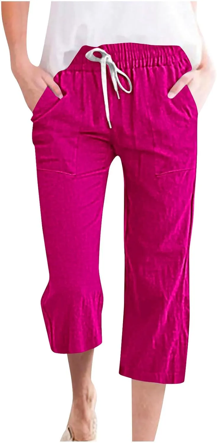 Plus Size Cotton Linen Capri Pants for Women 2025 Summer Drawstring Elastic High Waist Pants Wide Leg Lounge Capris