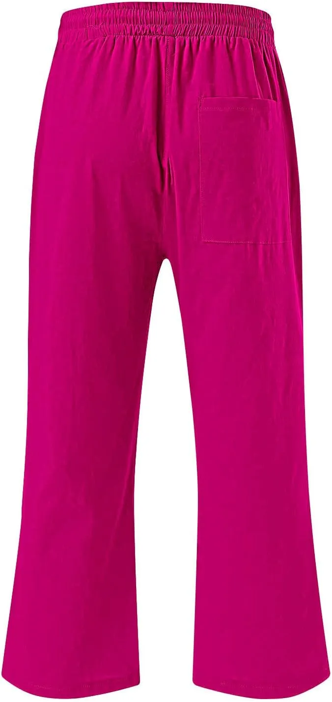 Plus Size Cotton Linen Capri Pants for Women 2025 Summer Drawstring Elastic High Waist Pants Wide Leg Lounge Capris