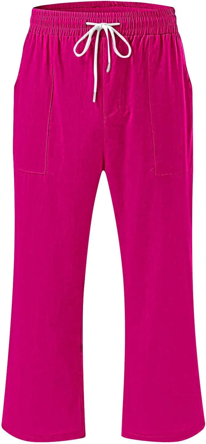 Plus Size Cotton Linen Capri Pants for Women 2025 Summer Drawstring Elastic High Waist Pants Wide Leg Lounge Capris