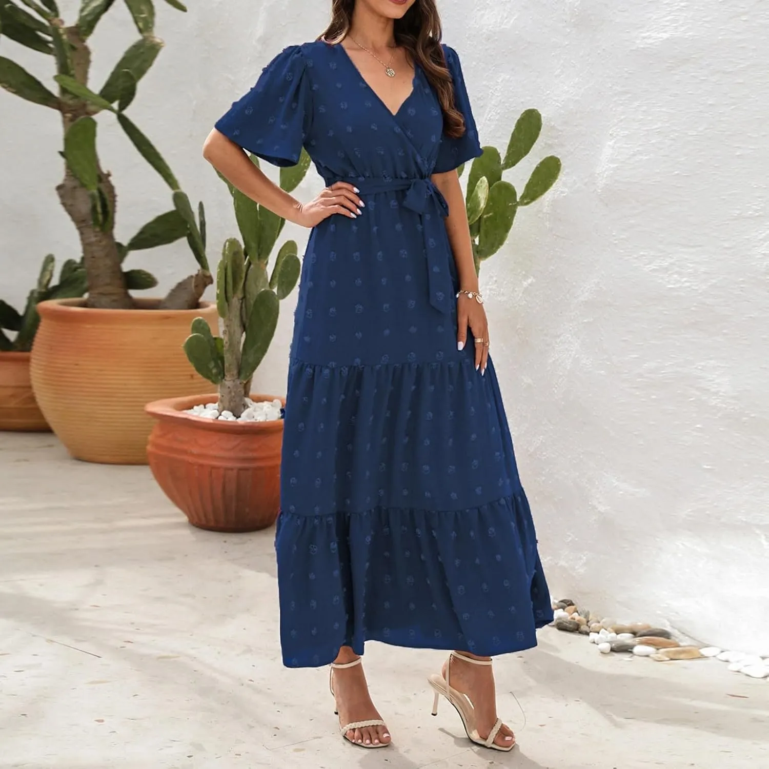 Plus Size Dresses for Curvy Women 2025 Ruffle V Neck Short Sleeve Smocked Dress Long Travel Swiss Dot Dress with Belt