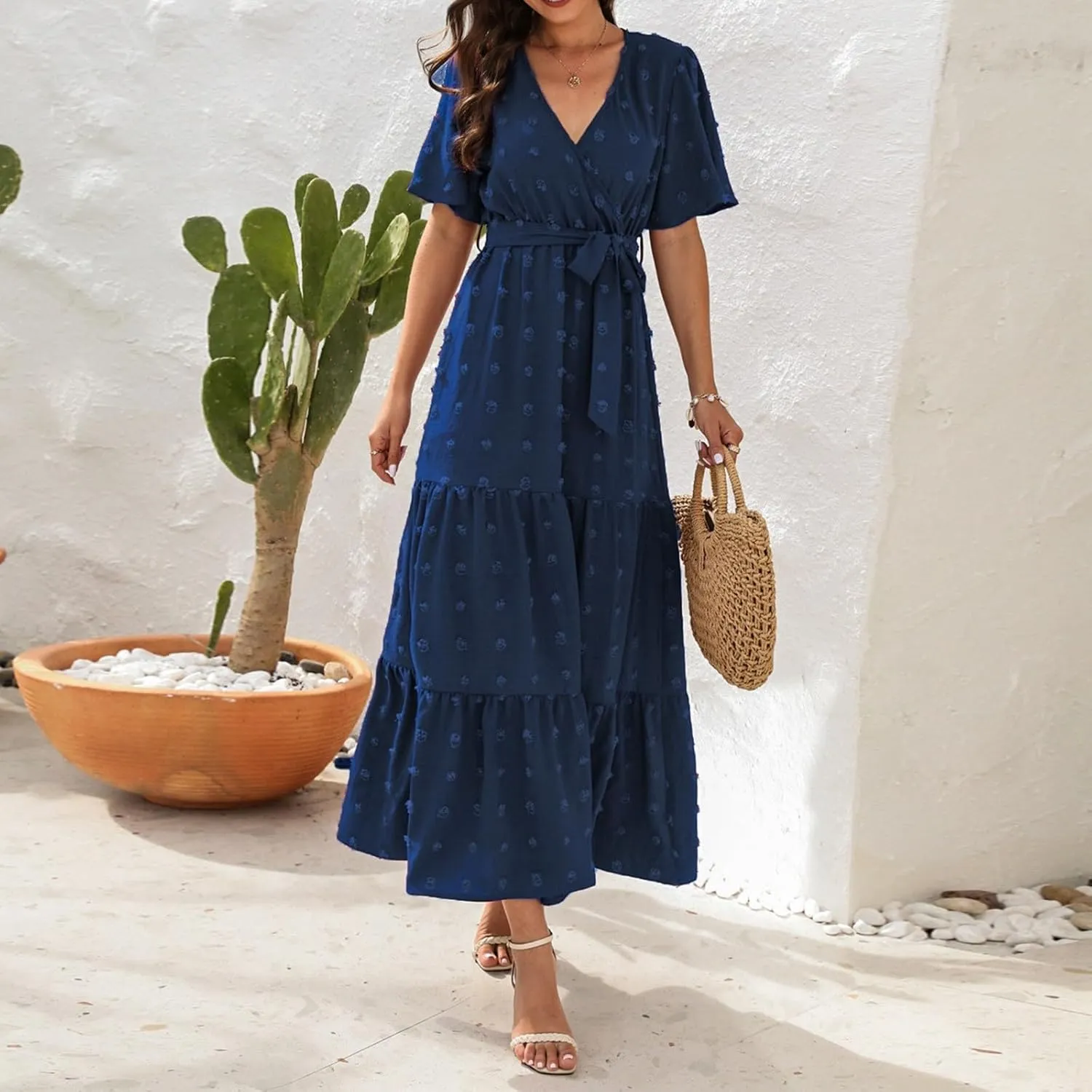 Plus Size Dresses for Curvy Women 2025 Ruffle V Neck Short Sleeve Smocked Dress Long Travel Swiss Dot Dress with Belt