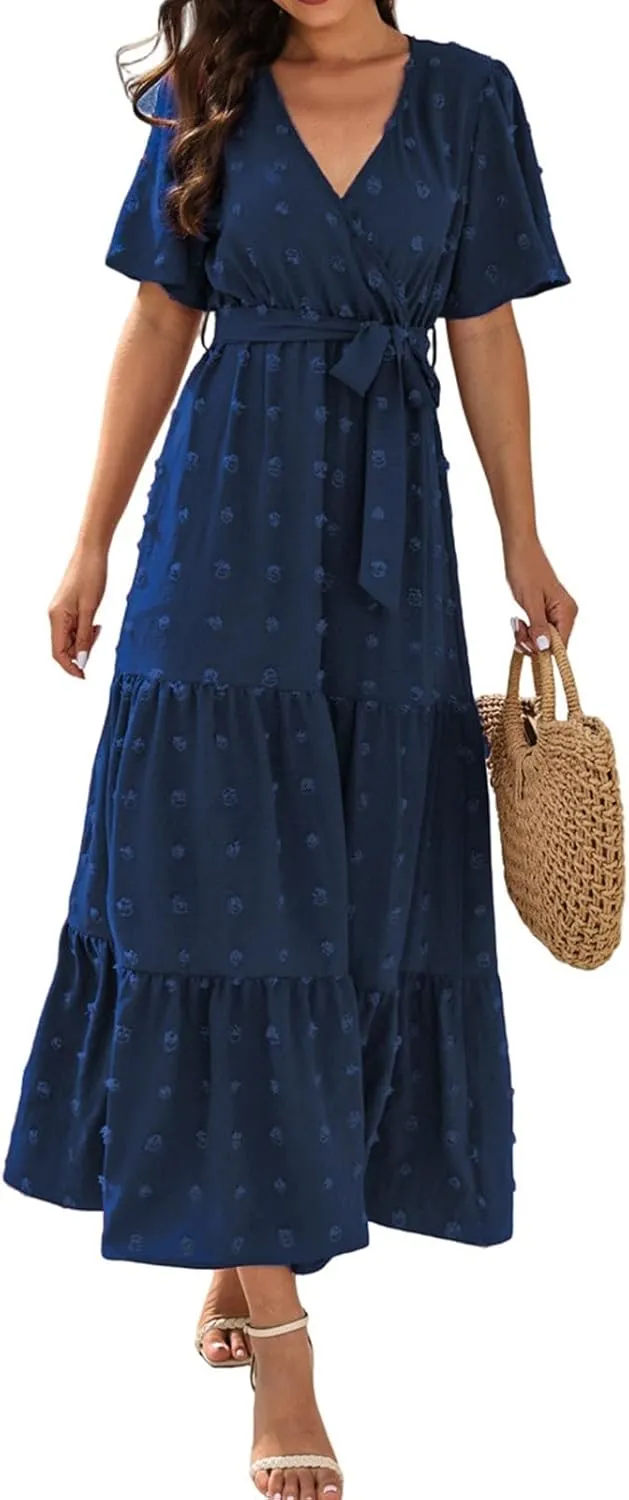 Plus Size Dresses for Curvy Women 2025 Ruffle V Neck Short Sleeve Smocked Dress Long Travel Swiss Dot Dress with Belt