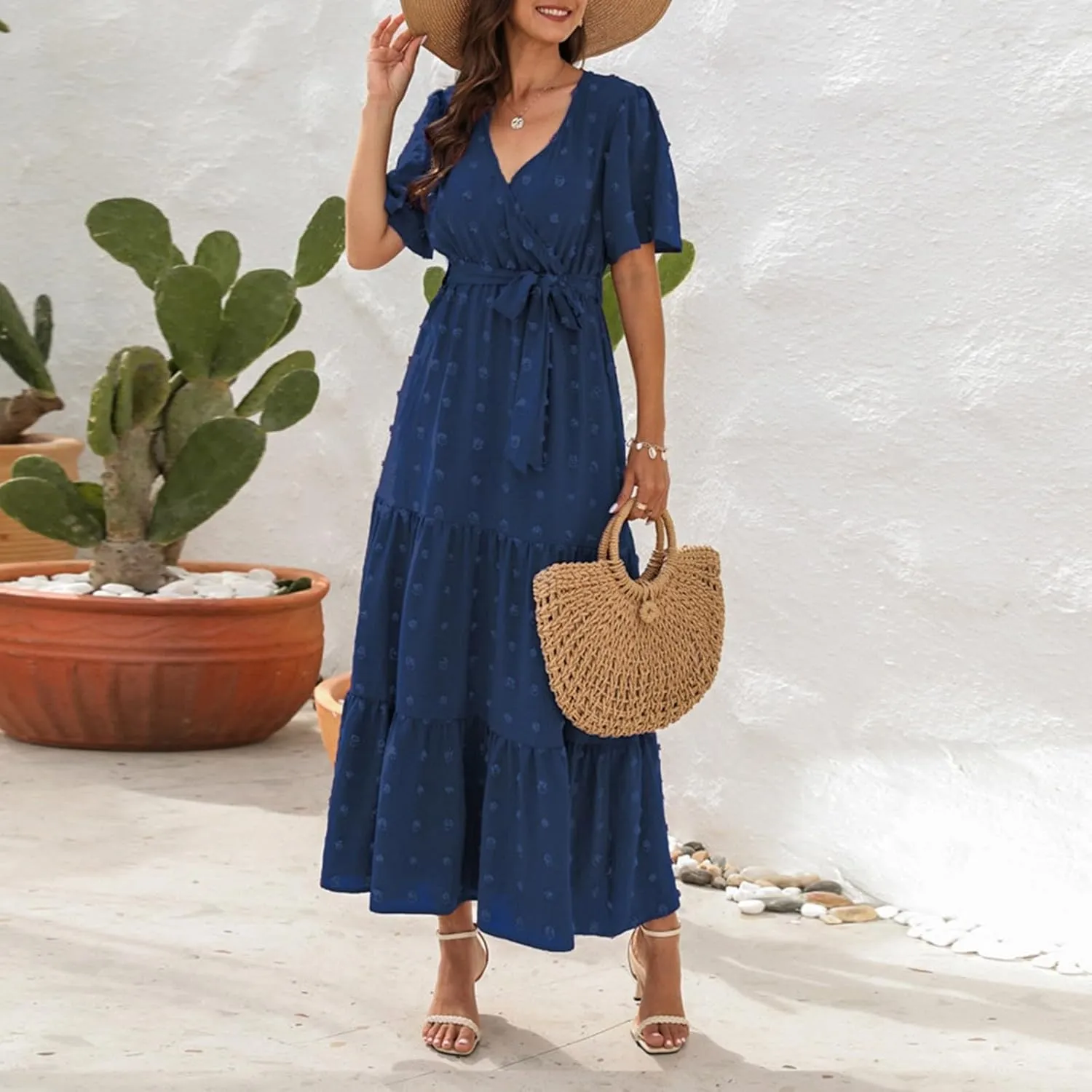Plus Size Dresses for Curvy Women 2025 Ruffle V Neck Short Sleeve Smocked Dress Long Travel Swiss Dot Dress with Belt