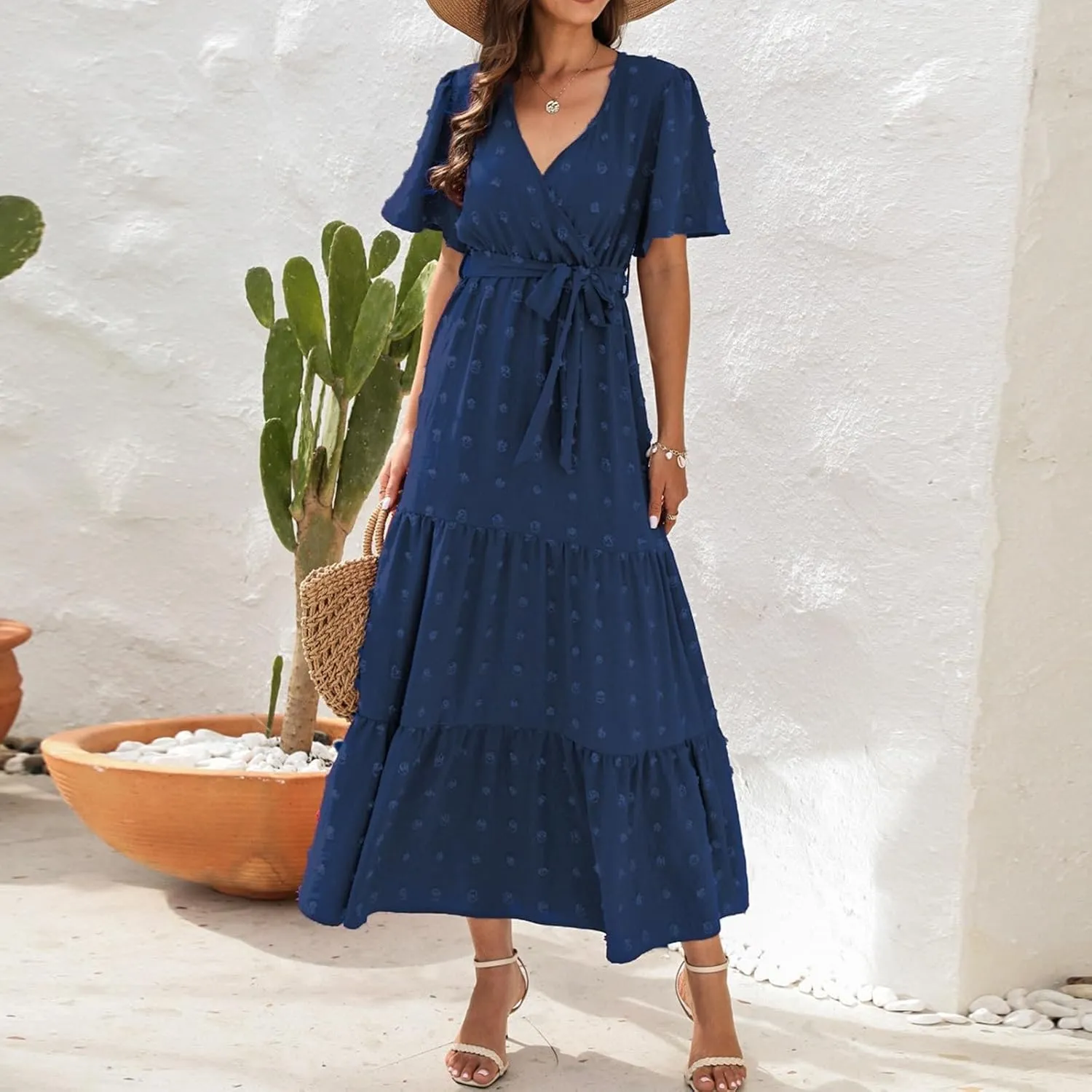 Plus Size Dresses for Curvy Women 2025 Ruffle V Neck Short Sleeve Smocked Dress Long Travel Swiss Dot Dress with Belt