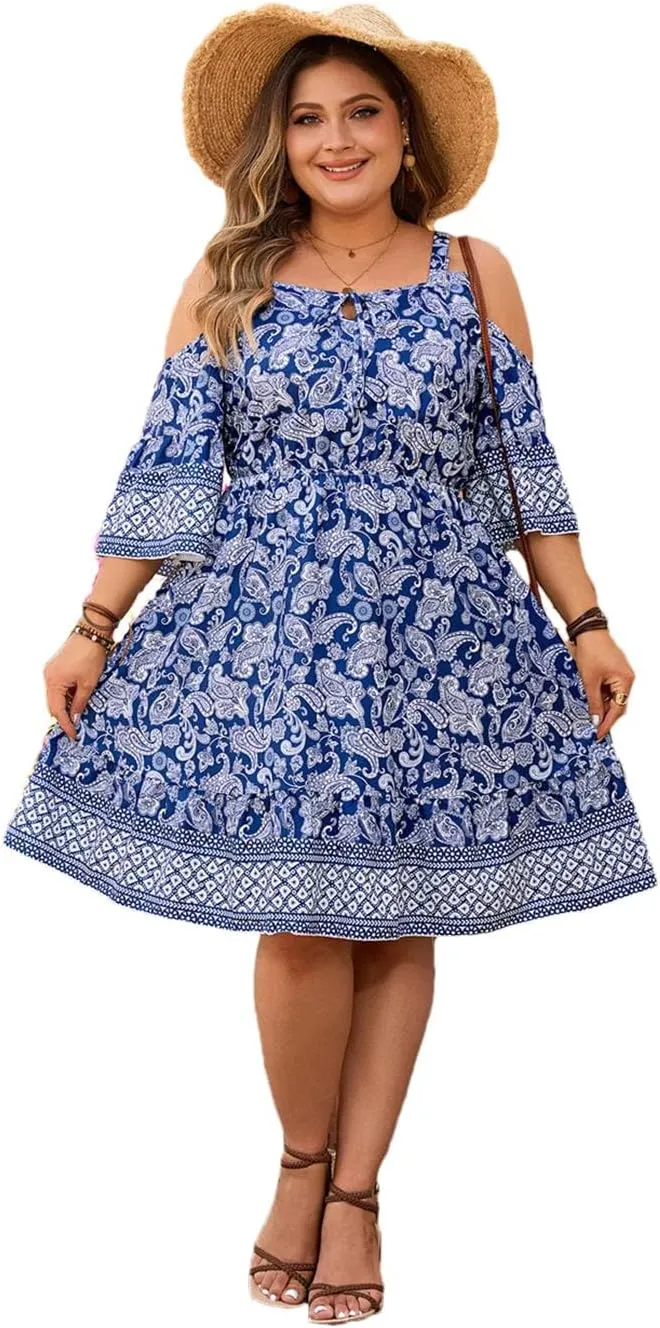 Plus Size Paisley Print Cold Shoulder Boho Dress Women 3/4 Sleeve Beach Style Midi A-Line Dresses