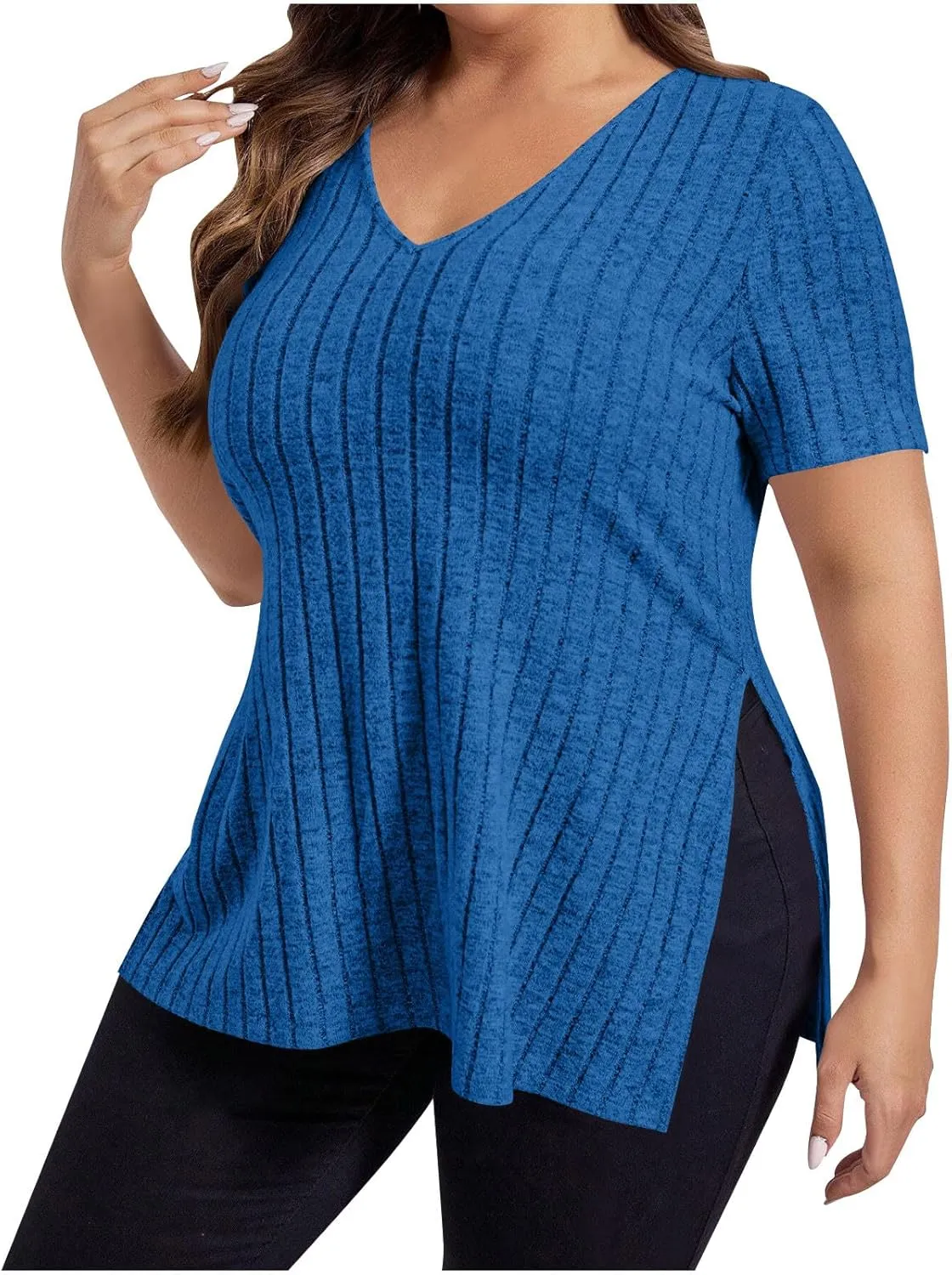 Plus Size Tee Shirt for Women Ribbed Knit V Neck Short Sleeve Side Split Blouse Summer Casual Loose Tee Shirts