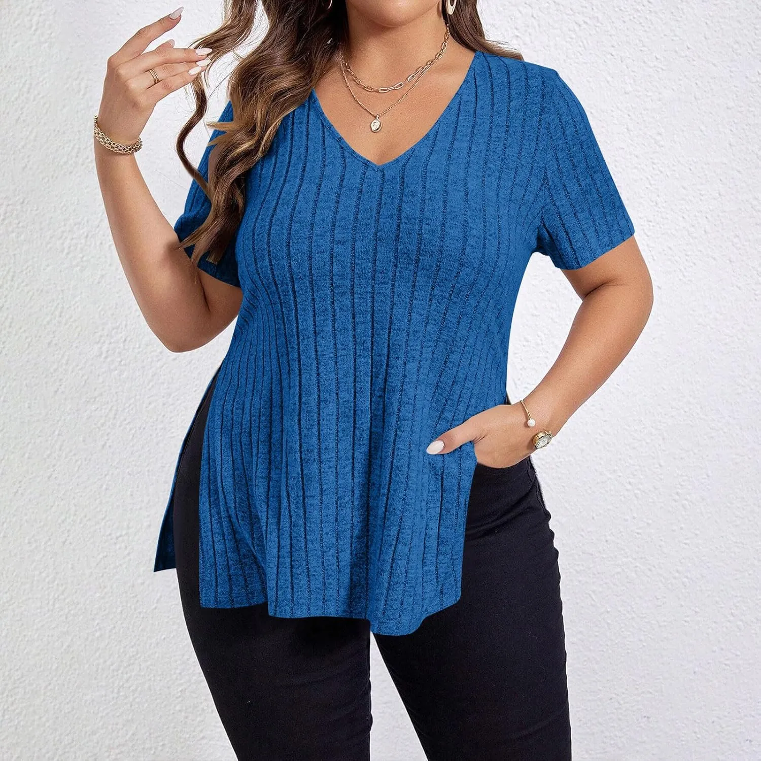 Plus Size Tee Shirt for Women Ribbed Knit V Neck Short Sleeve Side Split Blouse Summer Casual Loose Tee Shirts