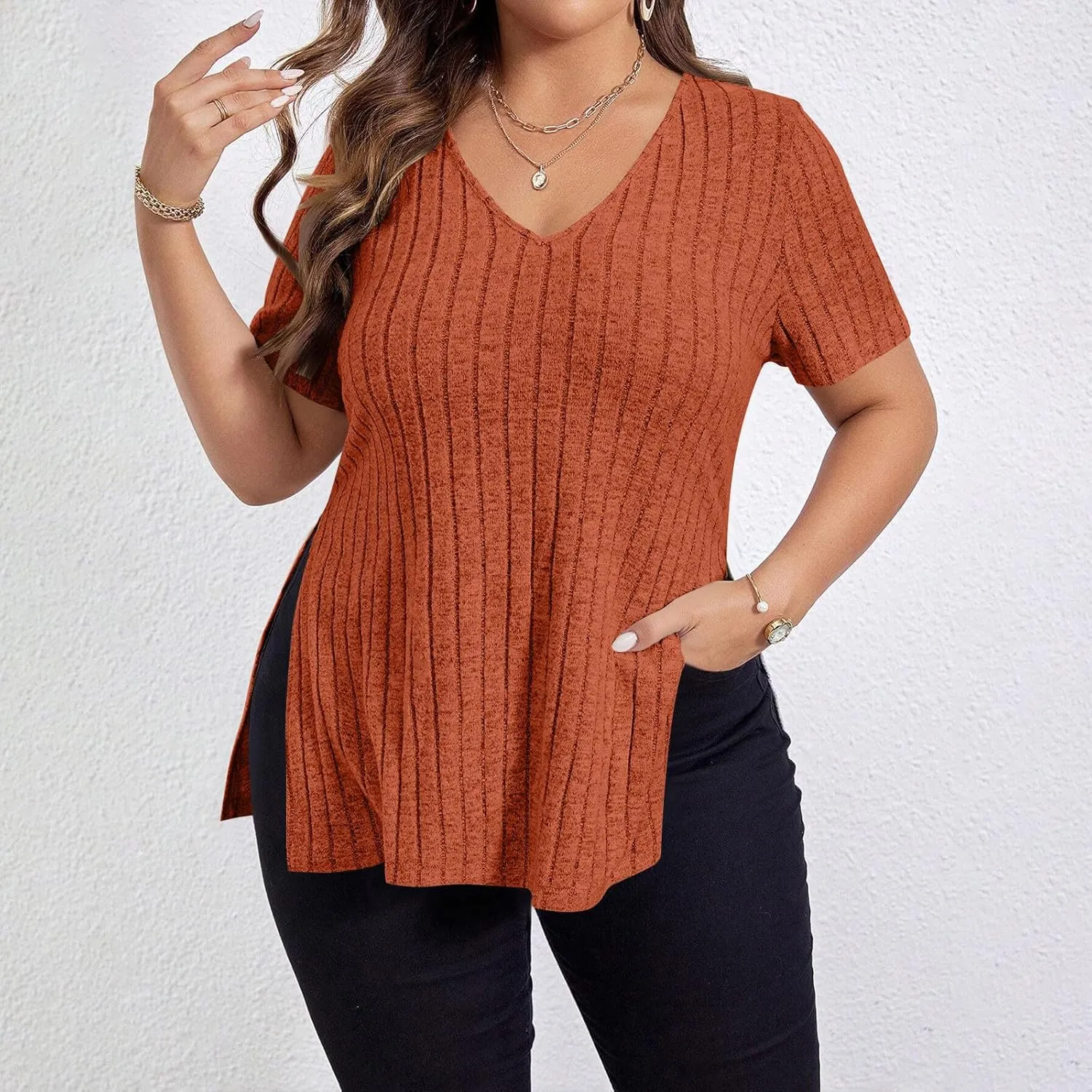Plus Size Tee Shirt for Women Ribbed Knit V Neck Short Sleeve Side Split Blouse Summer Casual Loose Tee Shirts