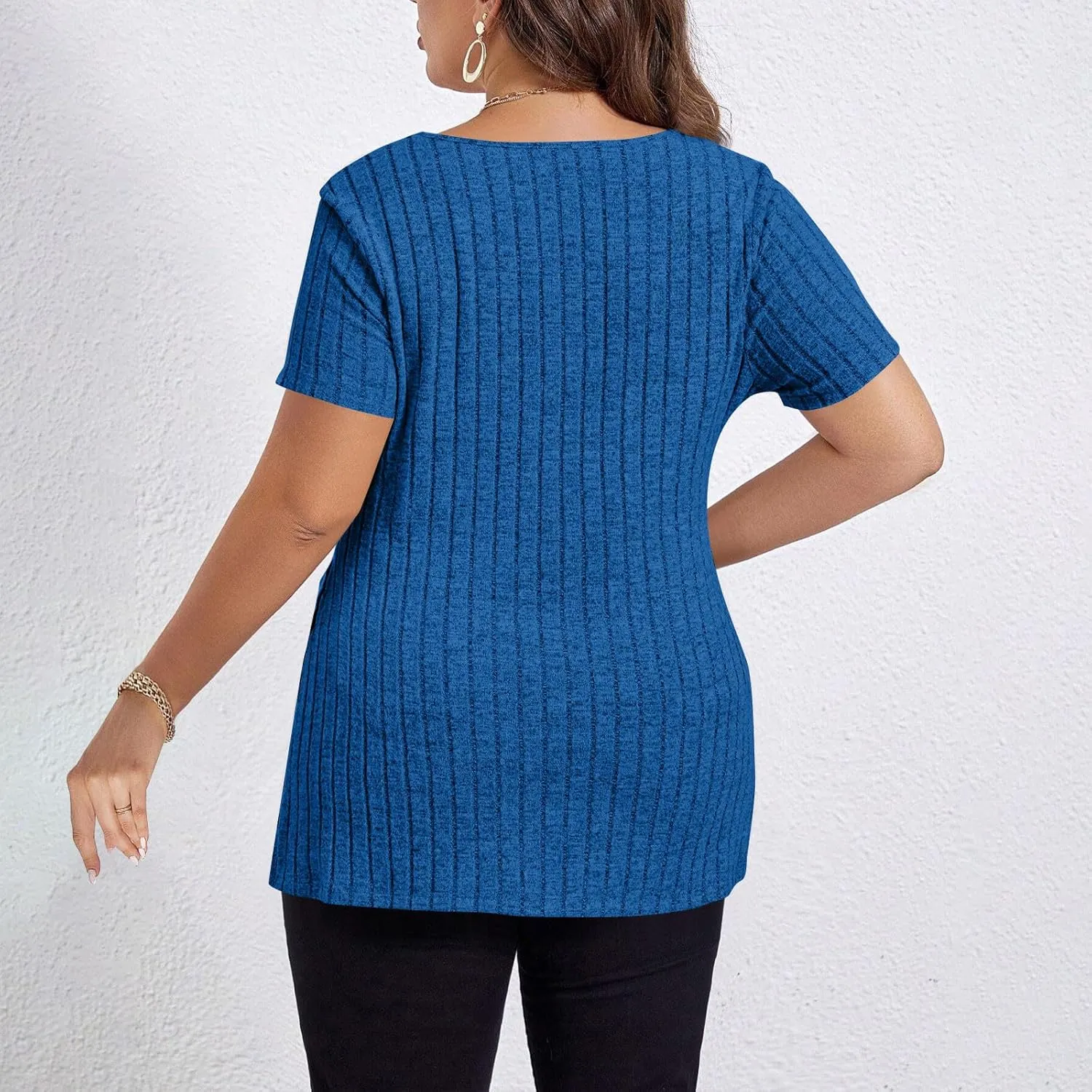 Plus Size Tee Shirt for Women Ribbed Knit V Neck Short Sleeve Side Split Blouse Summer Casual Loose Tee Shirts