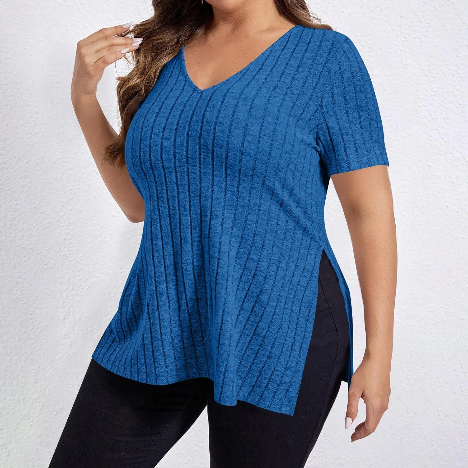 Plus Size Tee Shirt for Women Ribbed Knit V Neck Short Sleeve Side Split Blouse Summer Casual Loose Tee Shirts