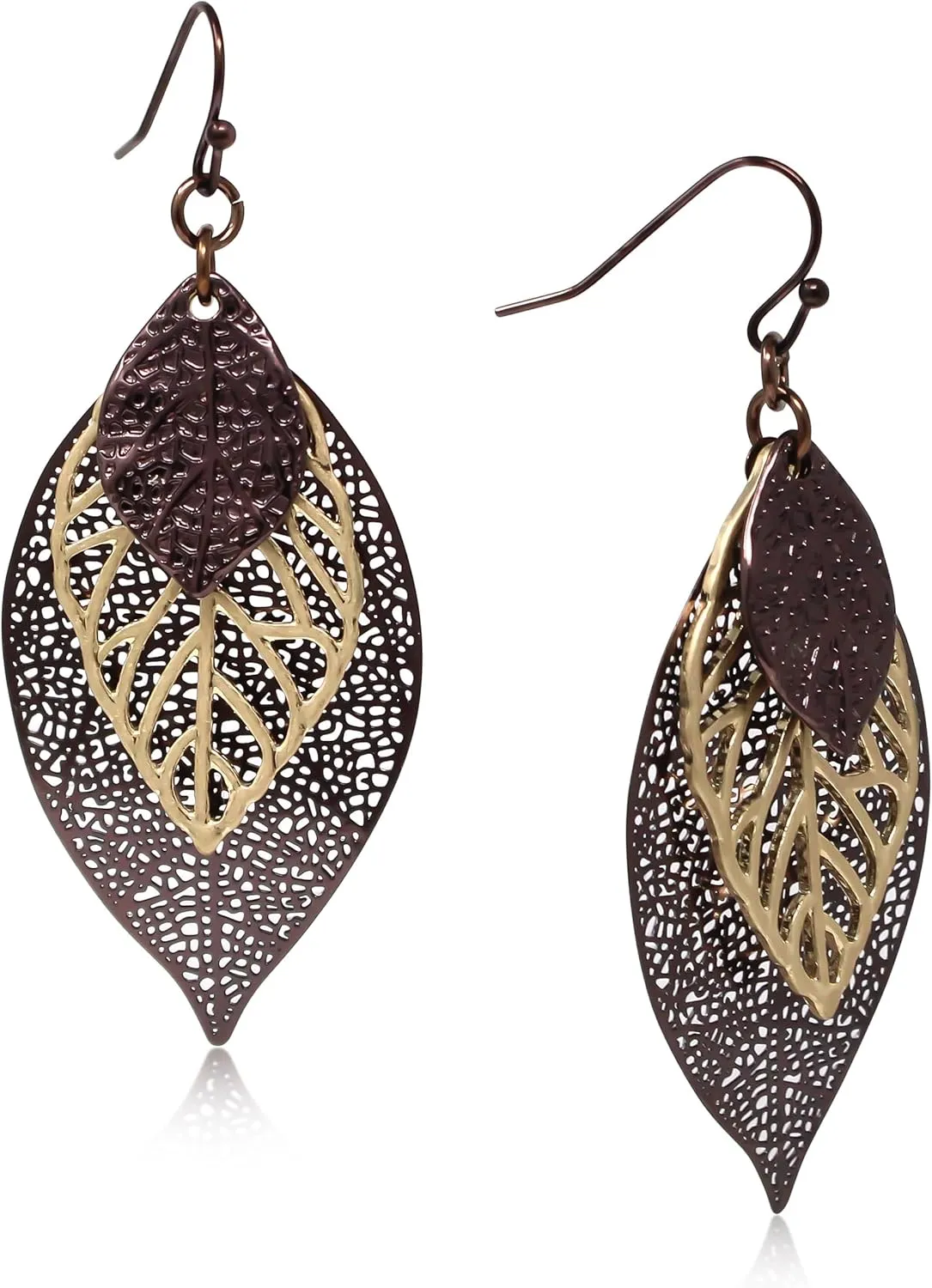 Pomina Choco Gold Fashion Fall Leaf Boho Earrings Gold Silver Two Tone Filigree Leaf Dangle Drop Earrings for Women